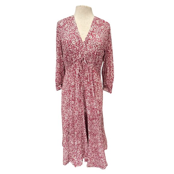 Cottage Core Hatch Red & White Floral Print Dress 3/4 Sleeve V-Neck - Picture 1 of 8